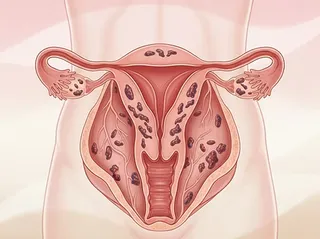 Illustration of the uterus and surrounding tissue.
