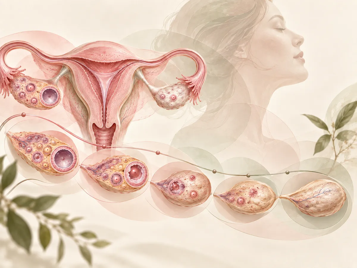 Illustration of the uterus, ovaries and anatomical details surrounded by leaves.