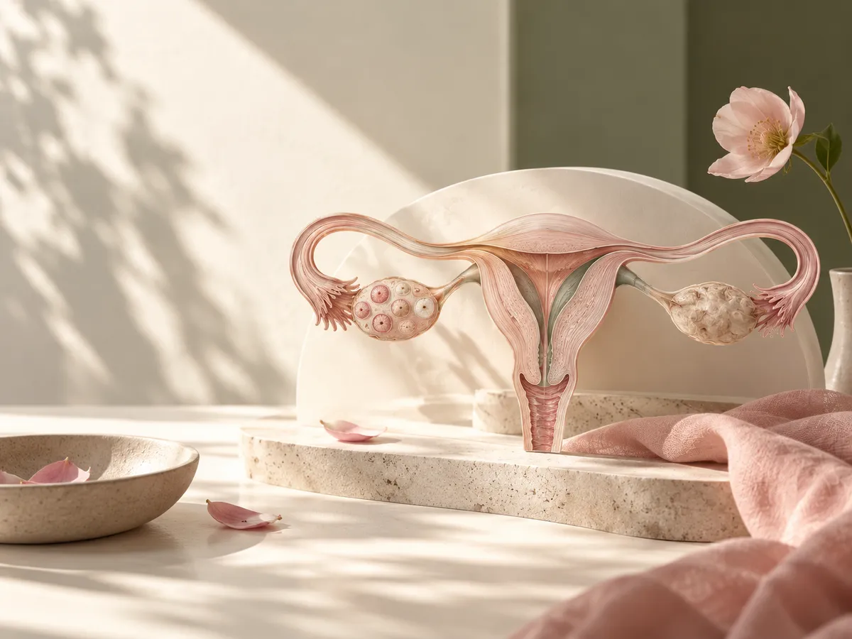 Illustration of the uterus and ovaries with a magnified view of ovarian follicles.