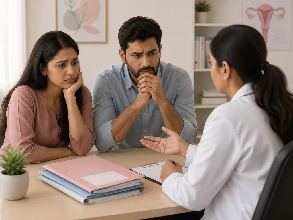 Two adults speaking with a doctor across a desk.