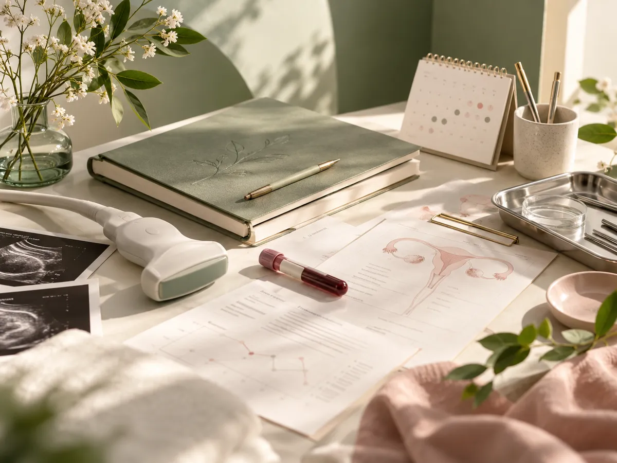 A notebook, pen and small plant arranged on a consultation desk.