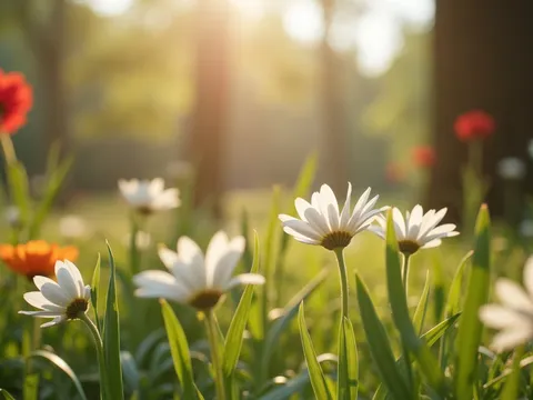 White daisies and other flowers in a sunlit garden.
