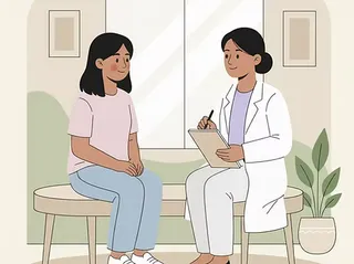 Illustration of a young person speaking with a doctor in a consultation room.
