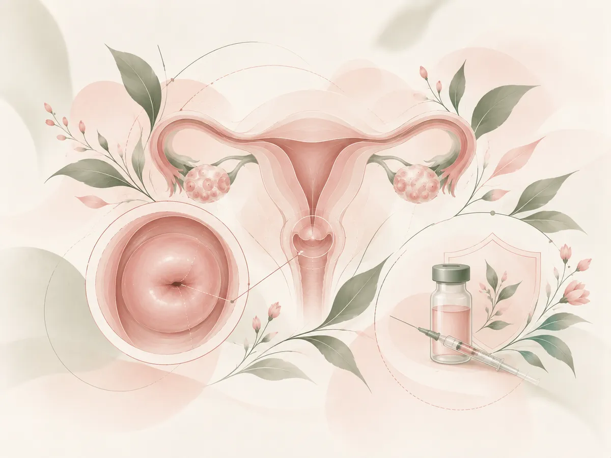 Illustration of a cervix with adjacent anatomical cross-sections.