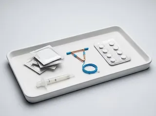 Contraceptive devices arranged on a clinical tray.