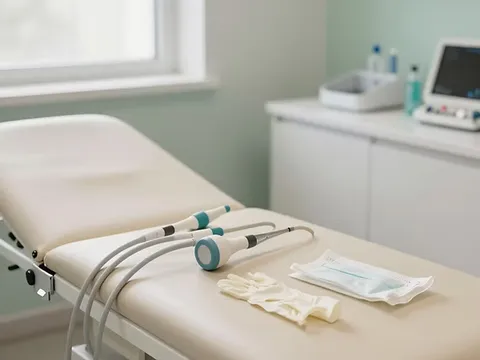 An ultrasound probe and controls beside an examination couch.