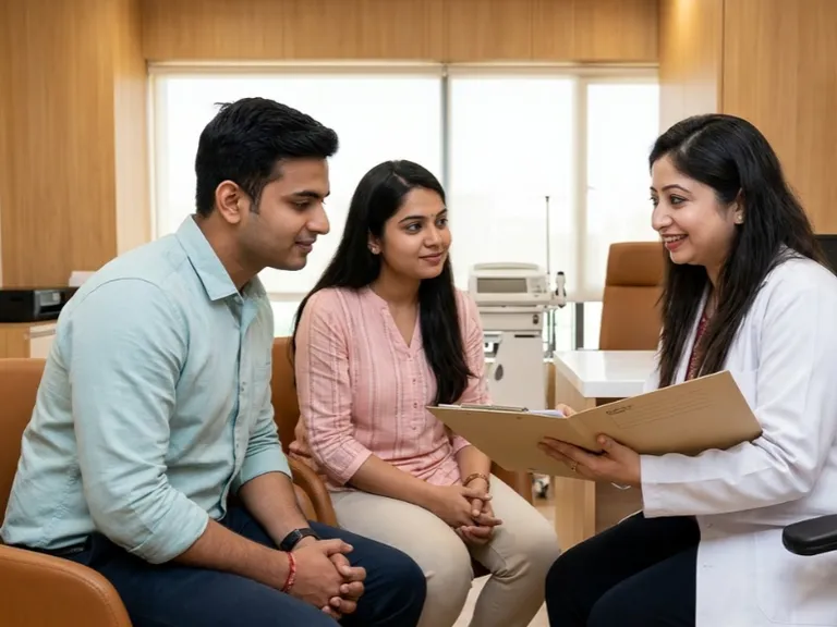 Two adults speaking with a doctor in a consultation room.