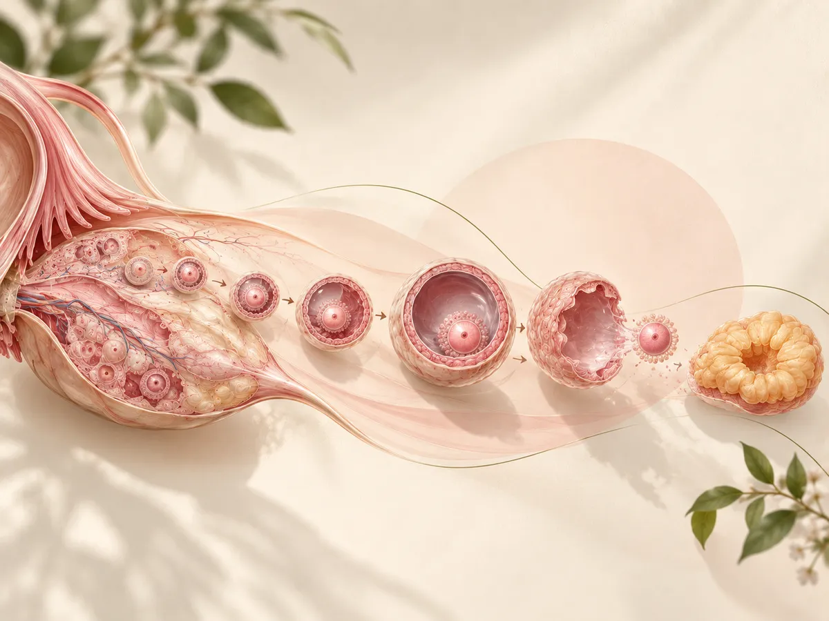 Illustration of an ovary with follicles at different sizes.