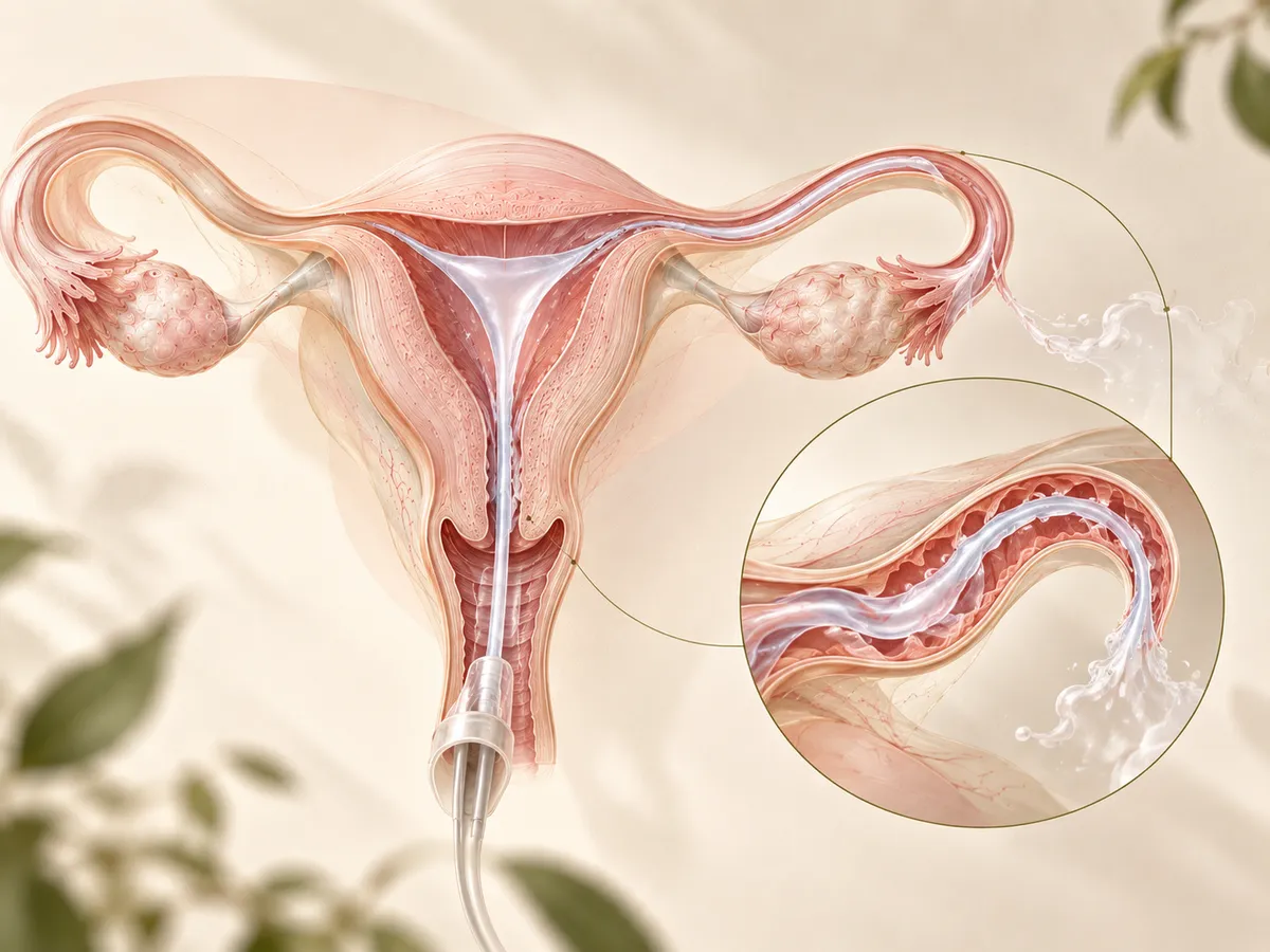 Illustration of the uterus and fallopian tubes with a magnified anatomical inset.