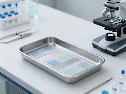 A laboratory microscope and sample slides on a workbench.