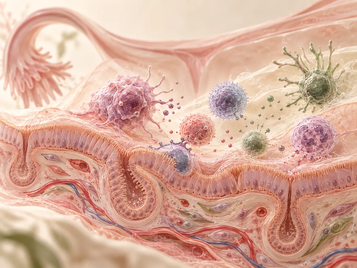 Illustration of cells and blood vessels in a tissue cross-section.