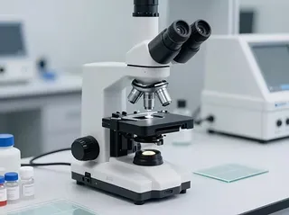 A microscope and sample slides on a laboratory workbench.