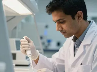 A laboratory worker using a pipette at a workbench.