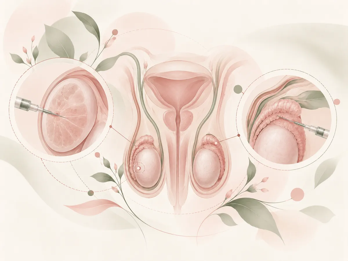 Illustration of male reproductive anatomy with magnified anatomical details.